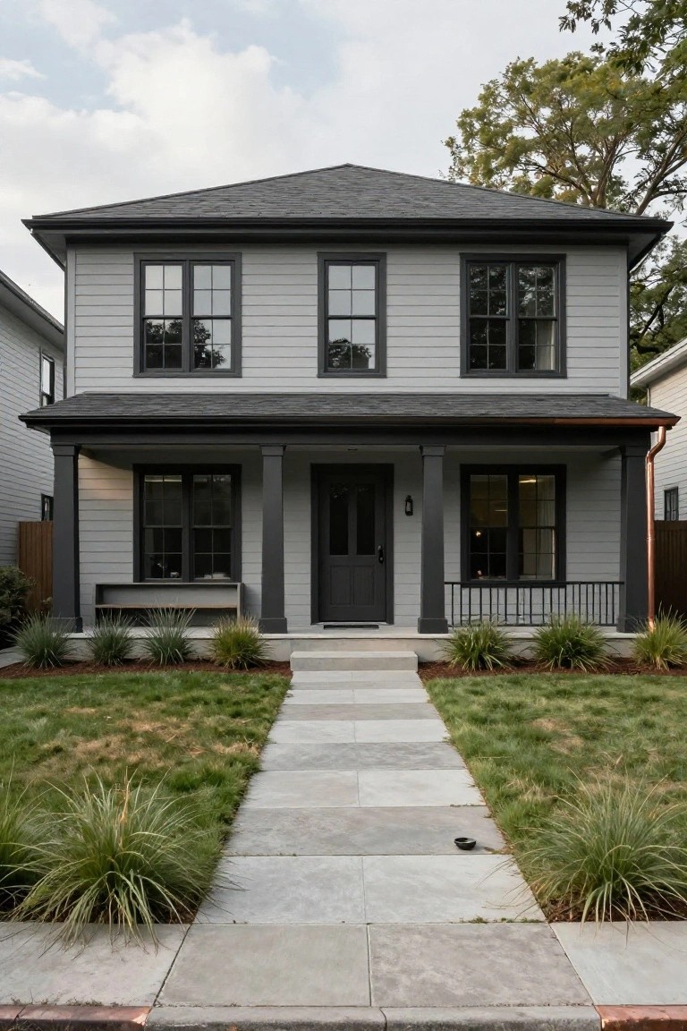 A two-story light gray house with black window frames, trim, and porch columns, featuring a centered front door, built-in bench on the porch, and a gray paver pathway through grass and low plants.