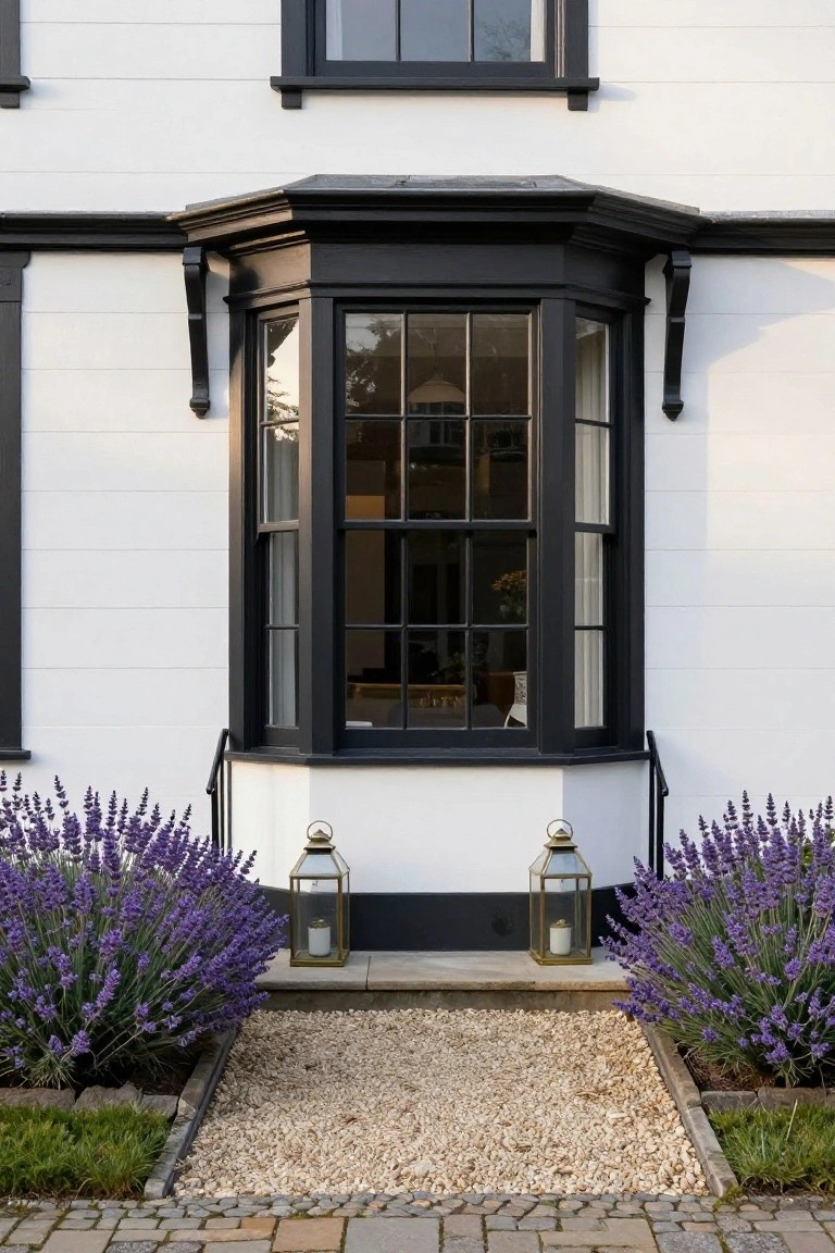White clapboard house exterior with prominent black-framed bay window above stone steps, flanked by purple lavender plants and brass lanterns on a gravel path with paver borders.
