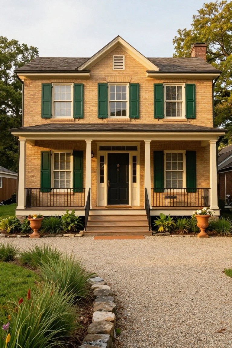 A two-story yellow brick colonial house with green shutters on symmetrical windows, white porch columns, black front door, steps leading to gravel path, and low plants along the edges.