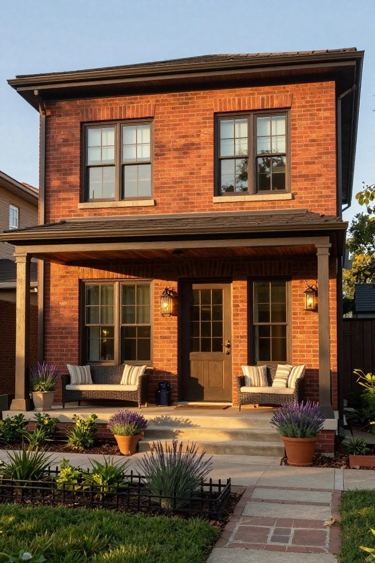 Two-story red brick house with black-framed windows, covered front porch supported by wood columns, wicker chairs with cushions, wall lanterns, potted plants, and a brick walkway bordered by landscaping.