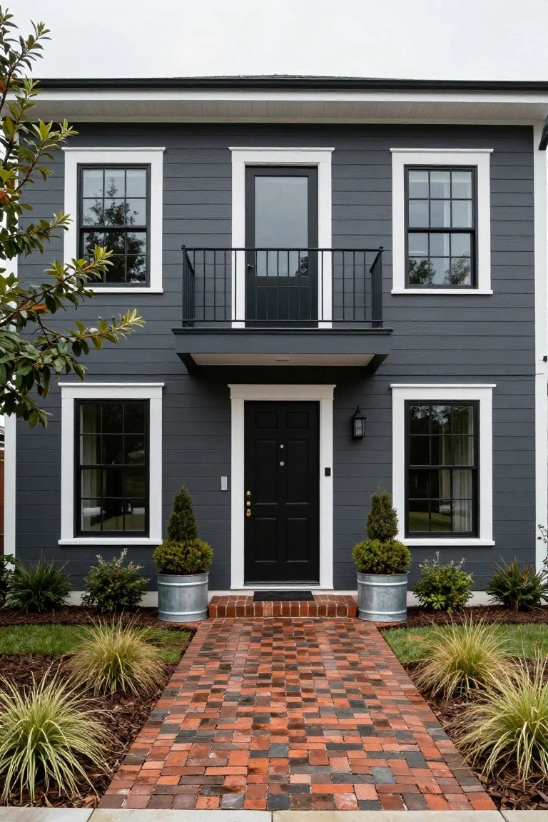 Two-story house exterior with charcoal gray horizontal siding, white trim around black-framed windows and doors, a second-floor balcony over the black front door, flanked by potted topiary plants, and a brick pathway leading from the street.