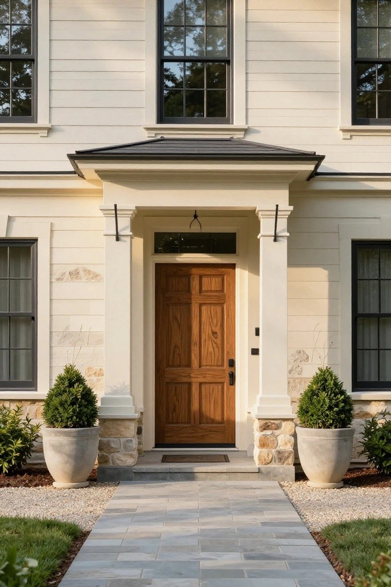 Front view of a two-story beige clapboard house with black-framed windows, a centered wooden panel door under a small gabled porch supported by white columns, flanked by large urns containing boxwood shrubs, and a gray stone pathway.