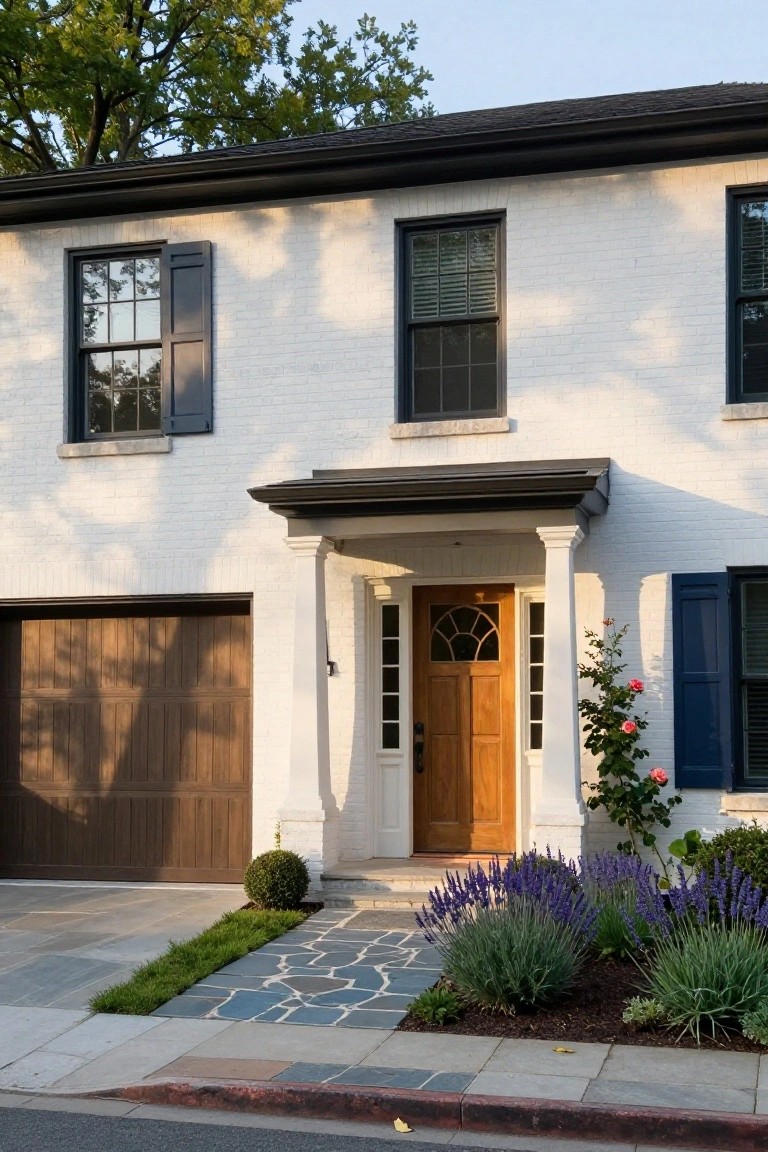 White brick two-story house exterior with black window frames and shutters, wooden front door under a portico with white columns, brown wood garage door, and front landscaping with lavender plants, roses, and stone pavers.