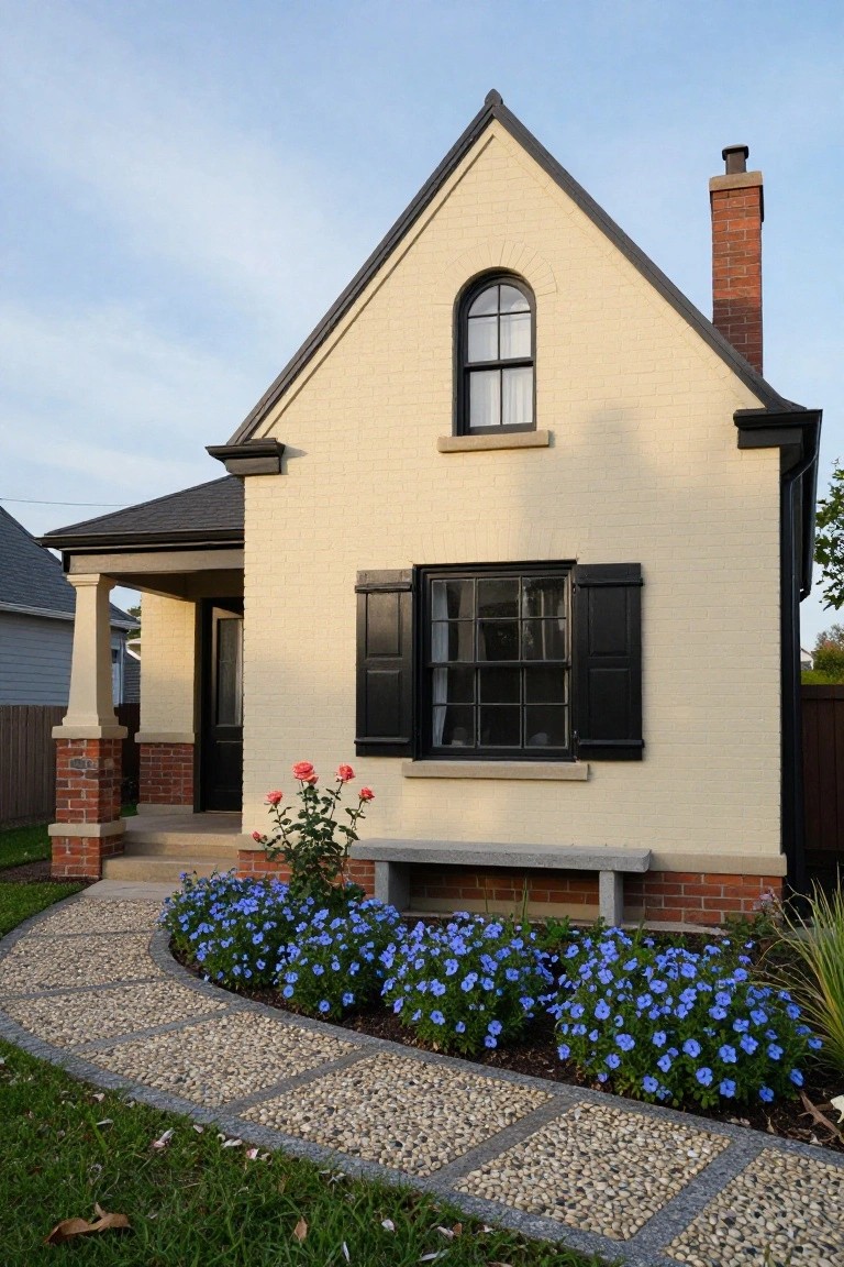 Cream brick single-story house with gabled roof, black trim and shutters on windows, arched upper window, brick chimney, covered front porch, stone bench, roses, blue flowers, and pebble pathway in yard.