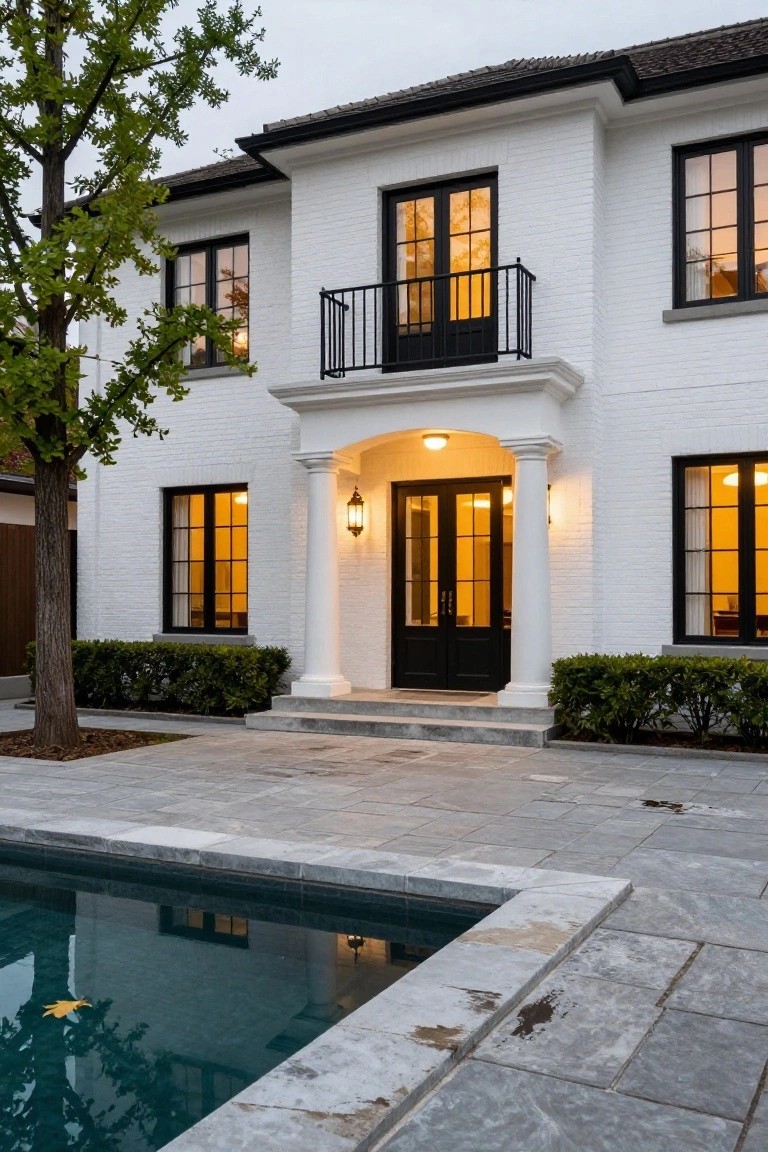 White brick two-story house exterior with black-framed windows and doors, a balcony, columned entryway with lanterns, evergreen shrubs, a tree, and a rectangular pool in the foreground on a paved patio.