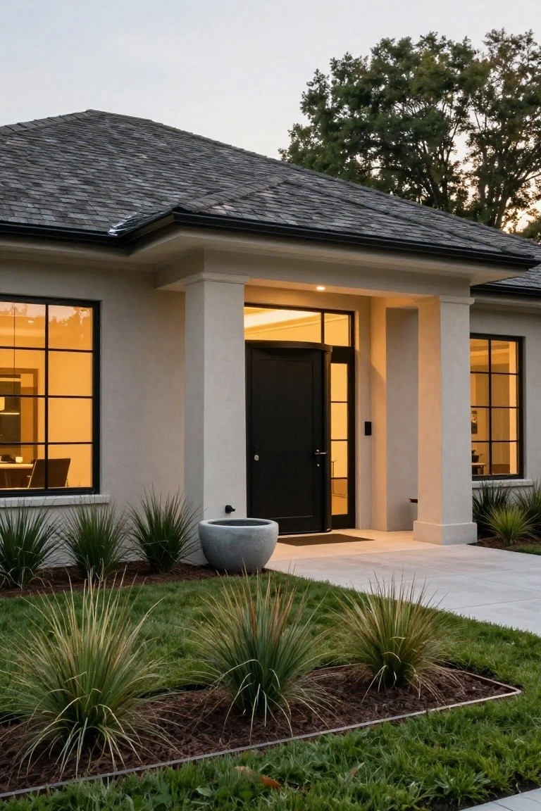 Front view of a modern stucco house exterior at dusk with a covered entry porch supported by two columns, black front door, black-framed windows, potted grasses, and landscaped beds along the concrete pathway.