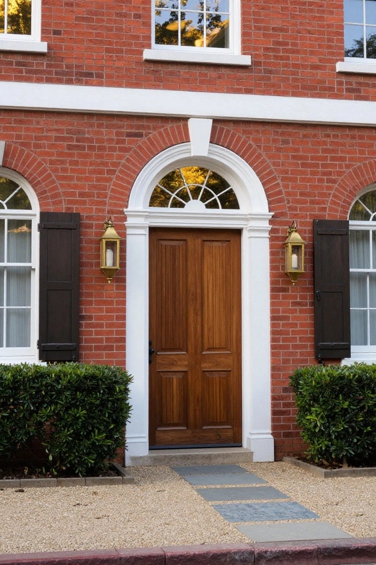 Red brick house facade with central double wooden doors under white surround and arched fanlight window, flanked by brass lanterns, shuttered windows, and boxwood shrubs in front of gravel path.