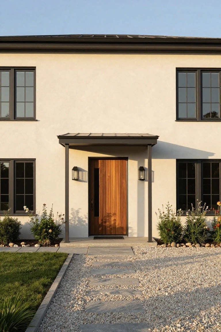 Beige stucco house exterior with symmetrical black-framed windows, central wooden front door under a dark metal awning on black posts, shrubs on sides, stone slab path through gravel, and green lawn edging the yard.