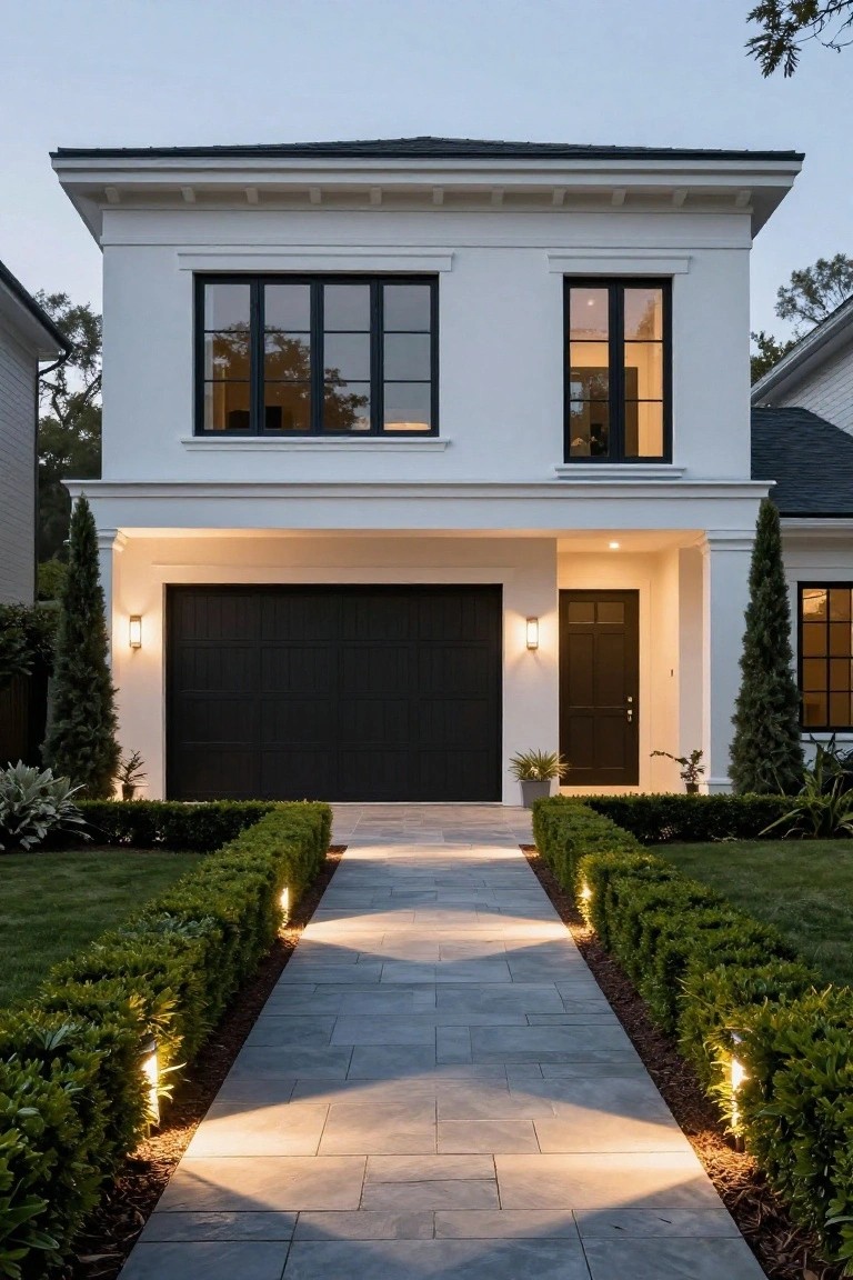 Two-story white house with black-framed windows, black front door and double garage door, cypress trees on sides, stone pathway with bollard lights and boxwood hedges leading to entry.