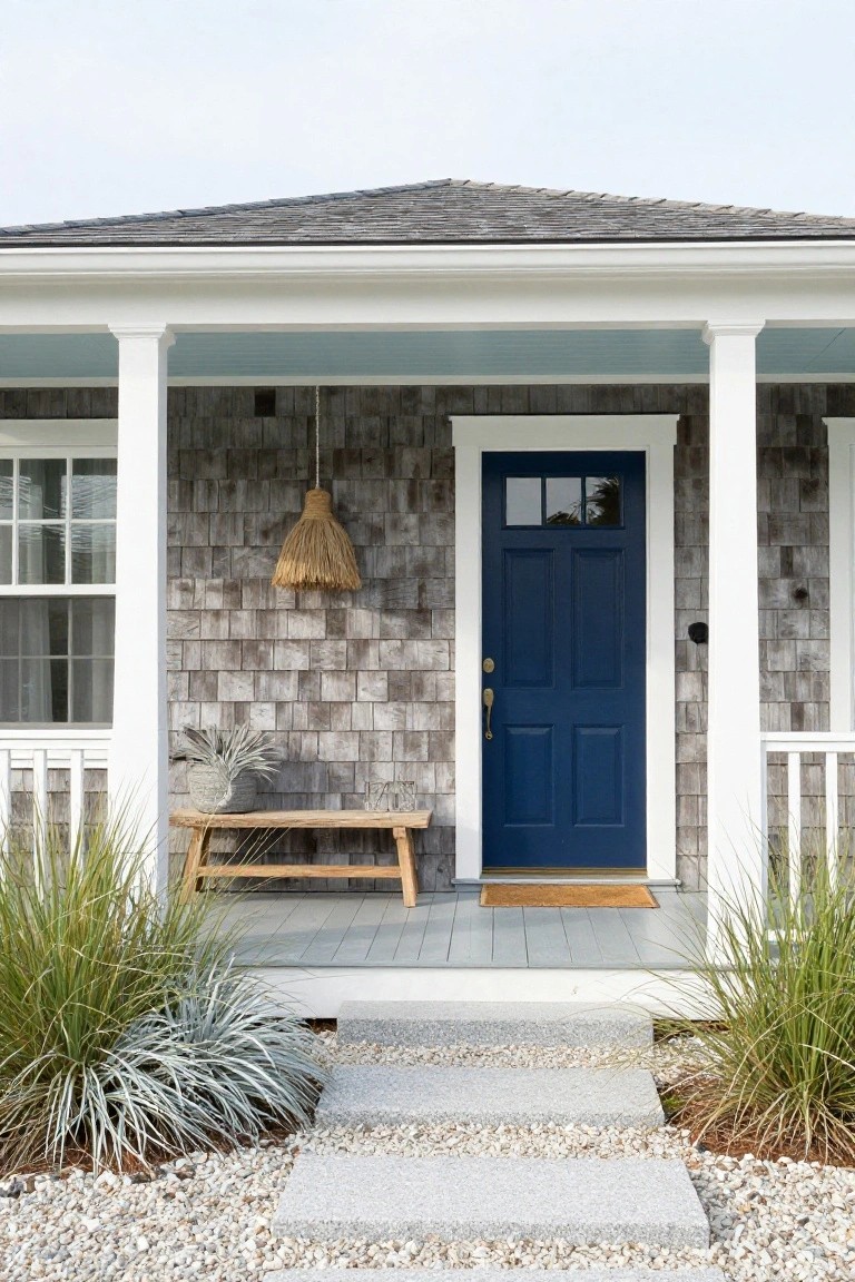 Shingle-style house with gray siding, white porch columns and trim, navy blue front door with glass panels, wooden bench, seagrass plants, and gravel steps.