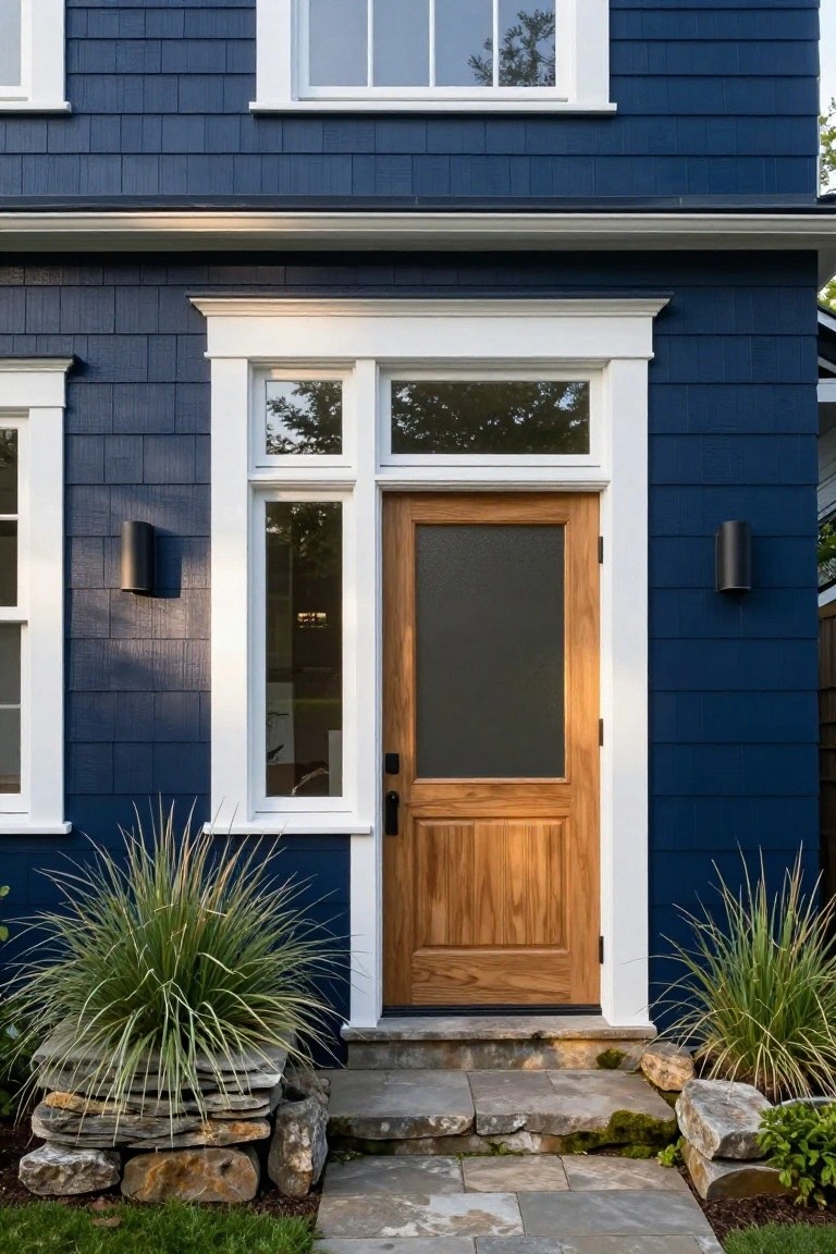 Navy Blue Siding with Wood Front Door