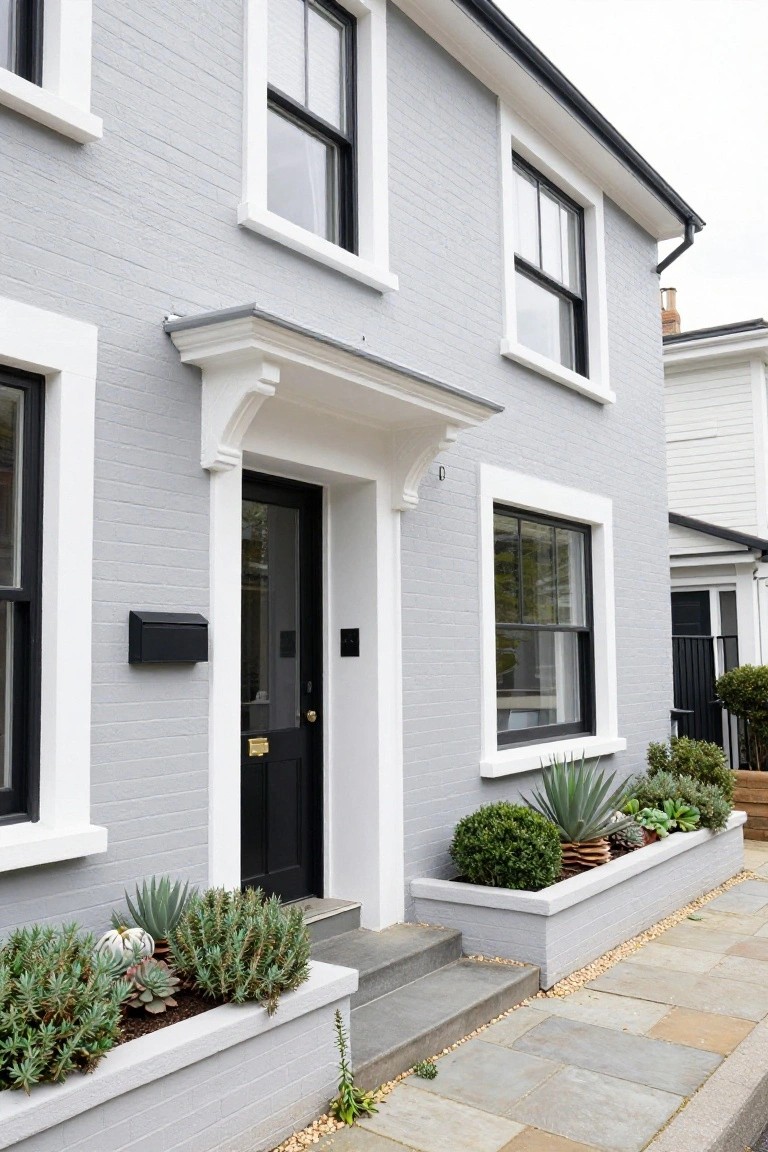 Light gray painted brick house exterior with white trim, black-framed windows and front door, white porch overhang, black mailbox, and white planter boxes containing succulents, agave, and boxwood shrubs along a paved stone pathway.