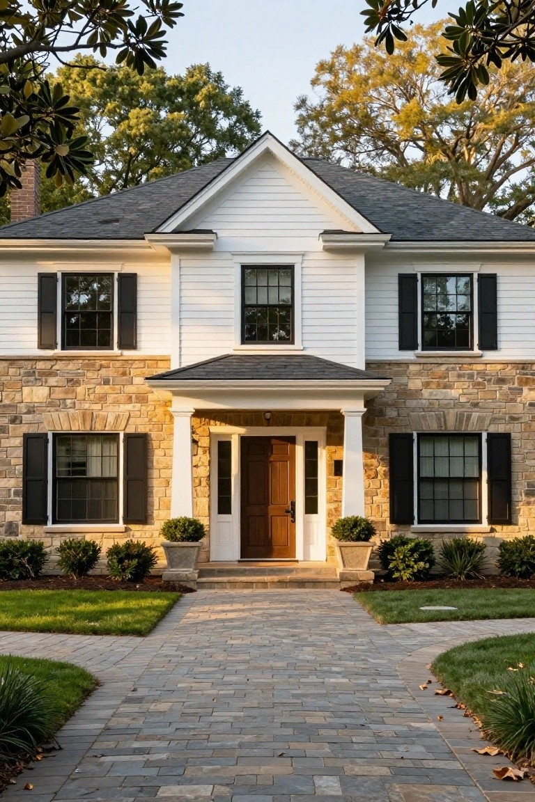 Two-story house exterior featuring beige stone foundation walls, white clapboard siding, black shutters on multi-pane windows, dark wood front door with white columns on a small porch, paver stone pathway, low shrubs in beds, and surrounding trees.