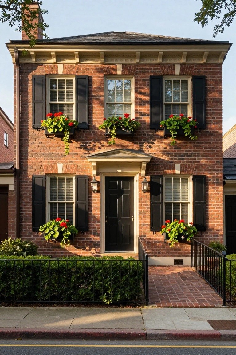 Two-story red brick Colonial house with black shutters on windows, flower boxes overflowing with red geraniums, centered black front door flanked by lanterns, low green hedges, black iron fence, and brick walkway leading to the street.