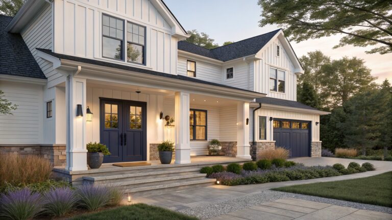 White two-story modern farmhouse with black shutters, navy blue front door under a covered porch with columns, flanked by potted plants on stone steps leading to a gravel path.