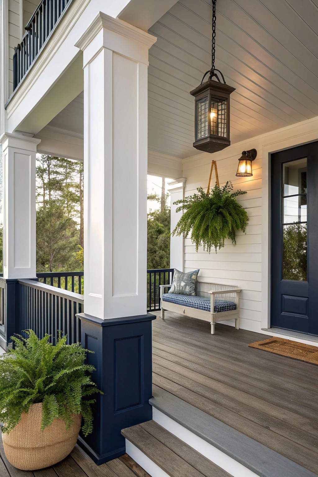 Front porch of a white modern farmhouse house with tall white columns trimmed navy blue at the bases, navy front door, hanging lantern light, ferns in pots and hanging, cushioned bench, black railing, and wood deck with steps.