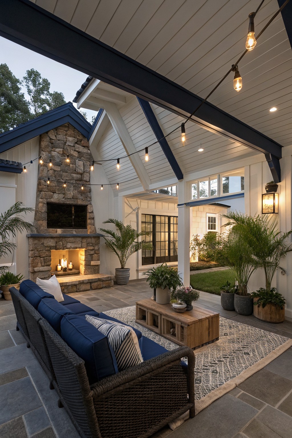 Covered outdoor patio featuring navy blue painted wooden beams on a white shiplap ceiling, stone fireplace with TV, blue wicker sofa, coffee table, potted plants, string lights, and glass doors leading to yard.