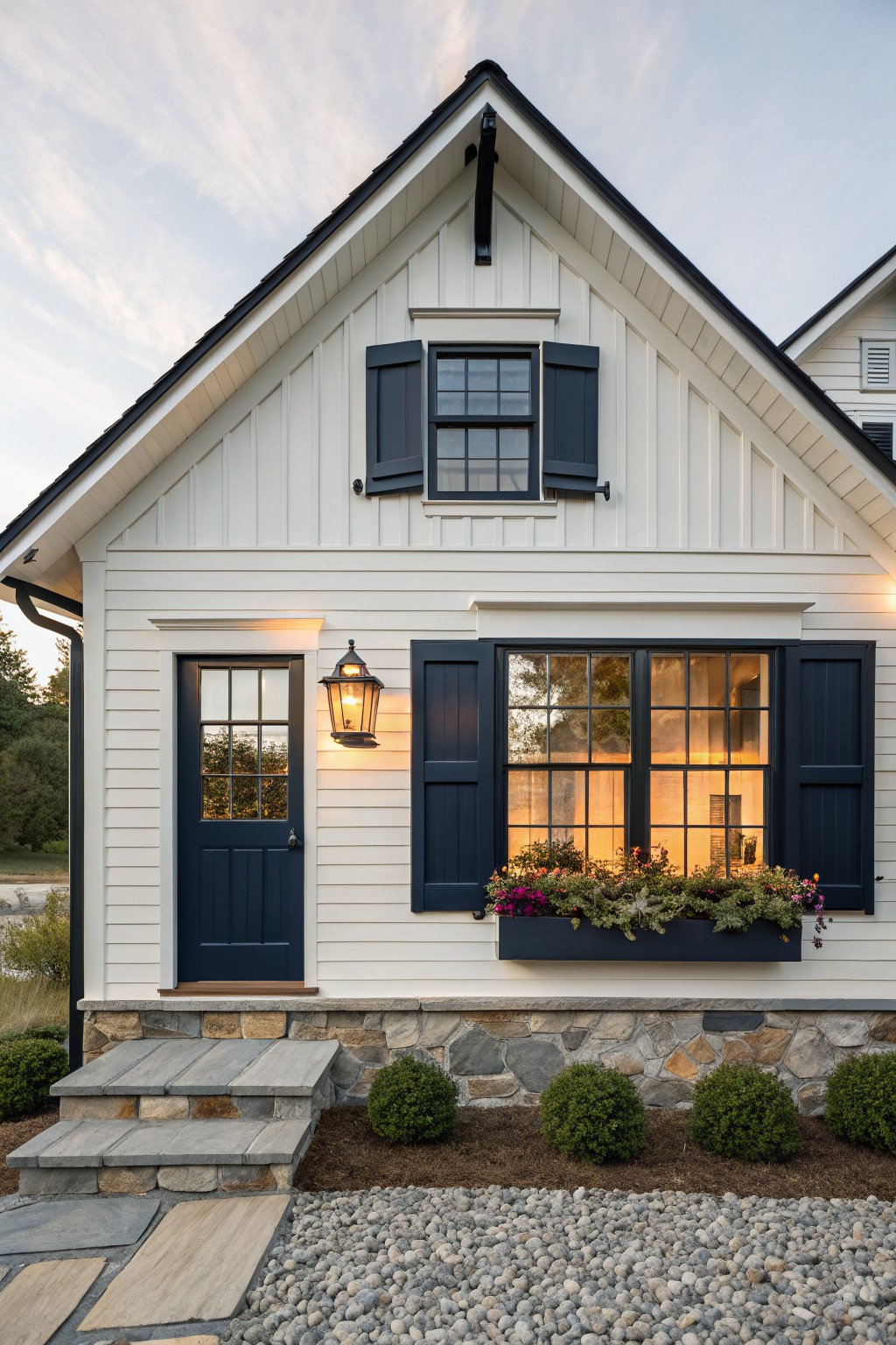 White clapboard house exterior with navy blue front door, matching shutters on windows, lantern light, flower box, stone foundation steps, boxwoods, and gravel path area in evening light.