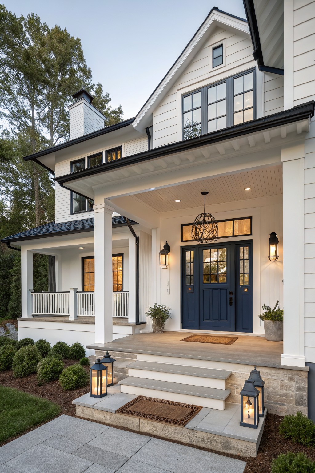Two-story modern farmhouse exterior with white shiplap siding, navy blue double front doors, black window frames, covered porch with white columns, hanging lantern, wall sconces, stone steps with lanterns, doormat, potted plants, and low boxwood shrubs.