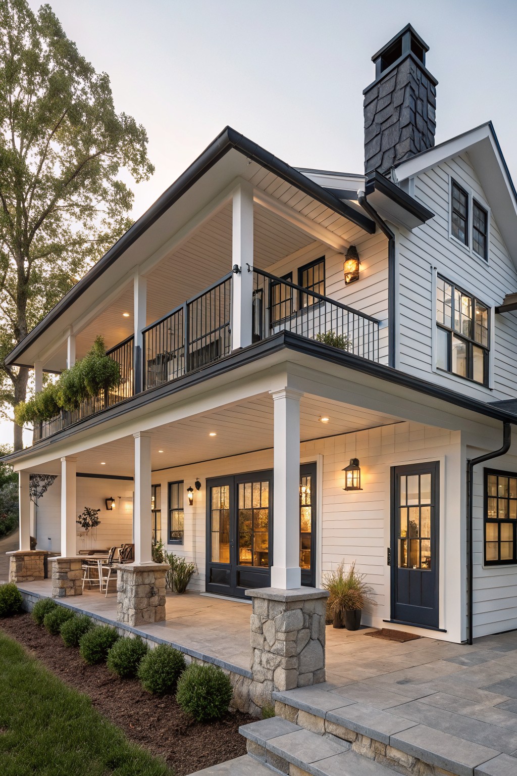 Two-story white clapboard farmhouse with navy blue front doors and windows, black metal balcony railings, wraparound porches supported by stone pillars, and landscaping along the base.
