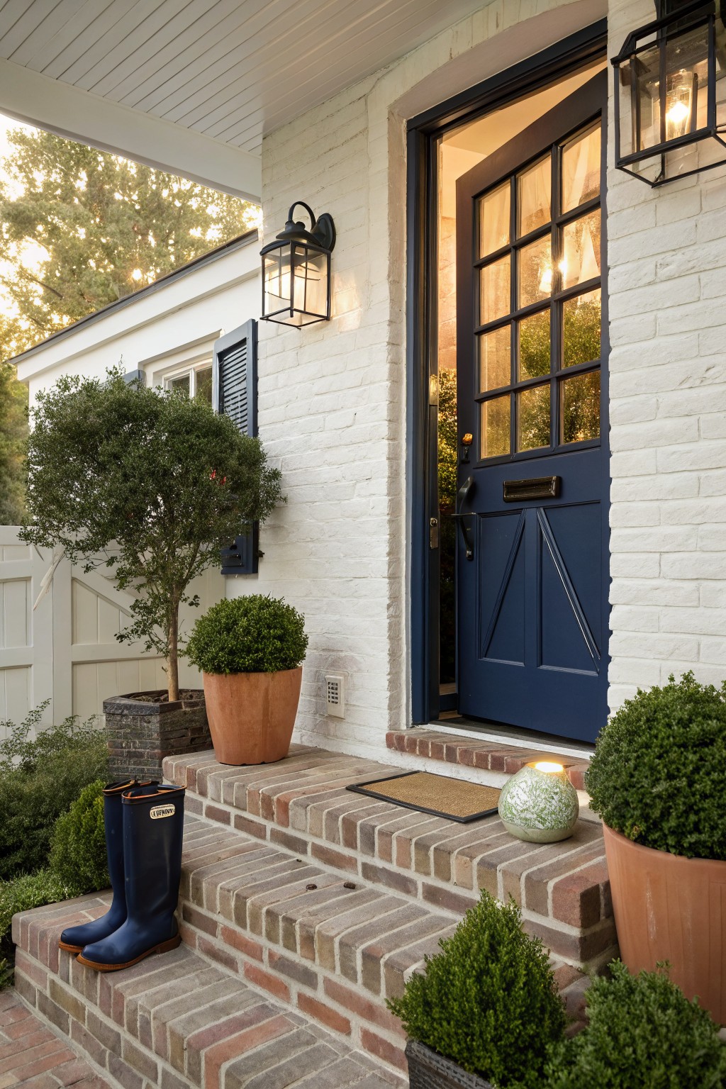 White brick house exterior featuring an open navy blue front door with glass panels, black lanterns on both sides, brick steps leading to the entry, potted boxwood shrubs, and green wellies on the lower steps.