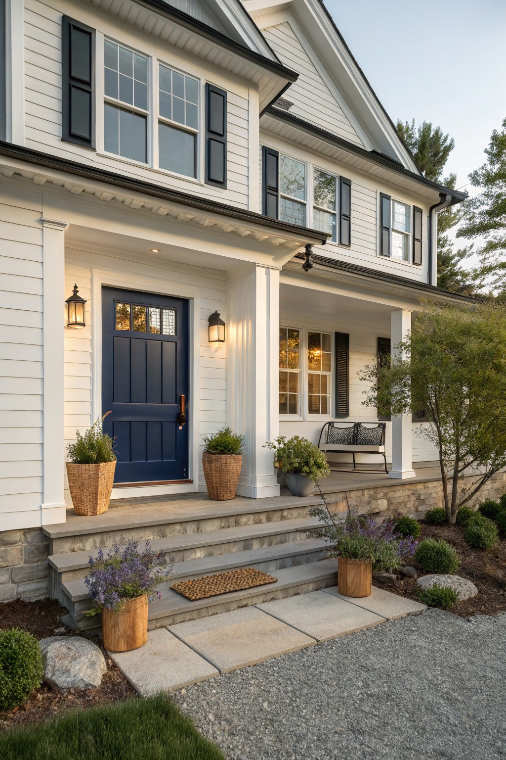 White two-story modern farmhouse with black shutters, navy blue front door under a covered porch with columns, flanked by potted plants on stone steps leading to a gravel path.