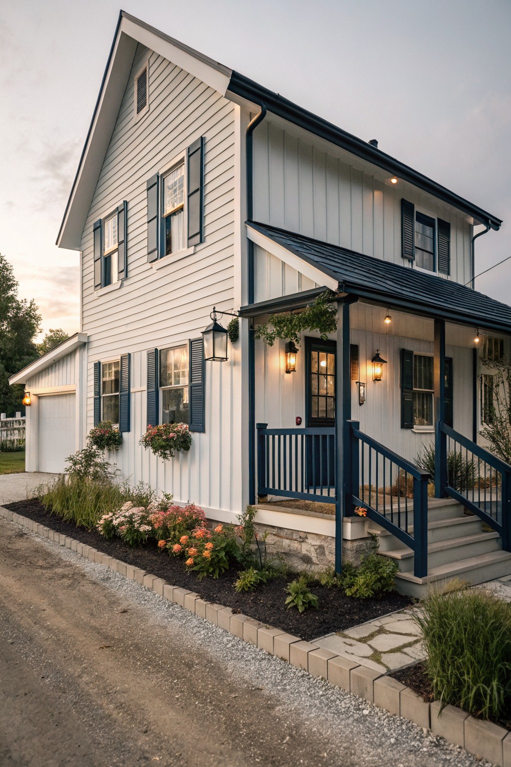 Two-story white shiplap house with navy blue shutters, porch railing, posts, and front door, white garage, flower beds, and gravel driveway in evening light.