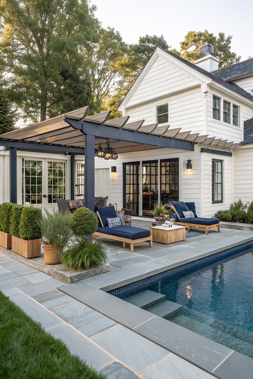 White clapboard house with navy blue pergola over a bluestone patio with teak lounge chairs and potted plants next to an in-ground pool, trees and lawn in background.
