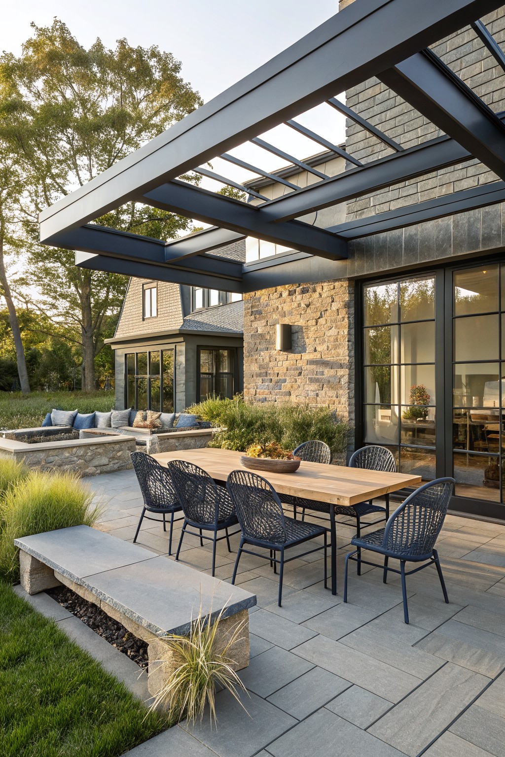 Outdoor dining patio under black steel pergola with wooden table, woven chairs, stone fire pit bench, next to brick house wall with glass doors and potted plants.