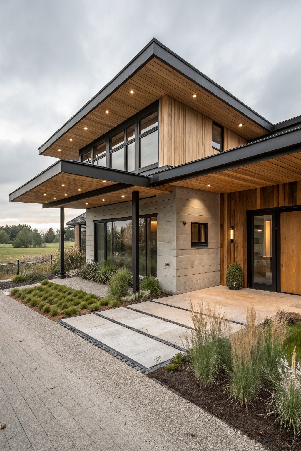 Modern two-story house exterior with black metal cantilevered roof lined with wood ceiling and recessed lights, vertical wood siding on upper section, concrete block lower wall, large glass windows and doors, entry path of pavers edged by grasses.