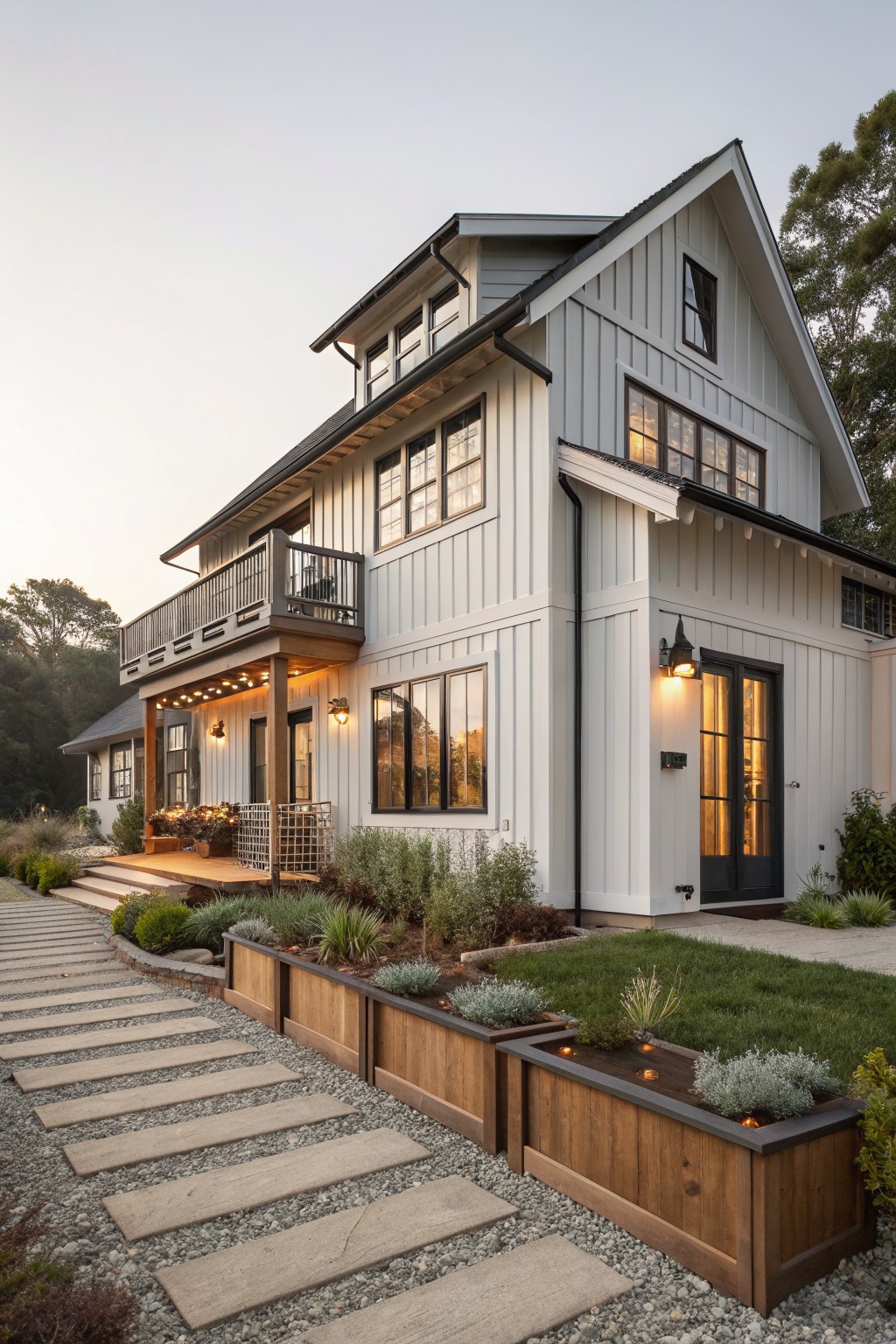 Two-story modern farmhouse exterior with light gray shiplap siding, dark trim on multi-pane windows and doors, wooden balcony railing and porch supports, string lights, and wooden planters beside a stone path.