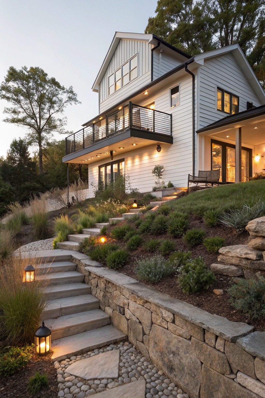 Concrete steps bordered by a tall stone retaining wall and ornamental grasses ascending a slope to a white clapboard house with black metal balcony, lanterns illuminating the path at dusk amid trees and shrubs.