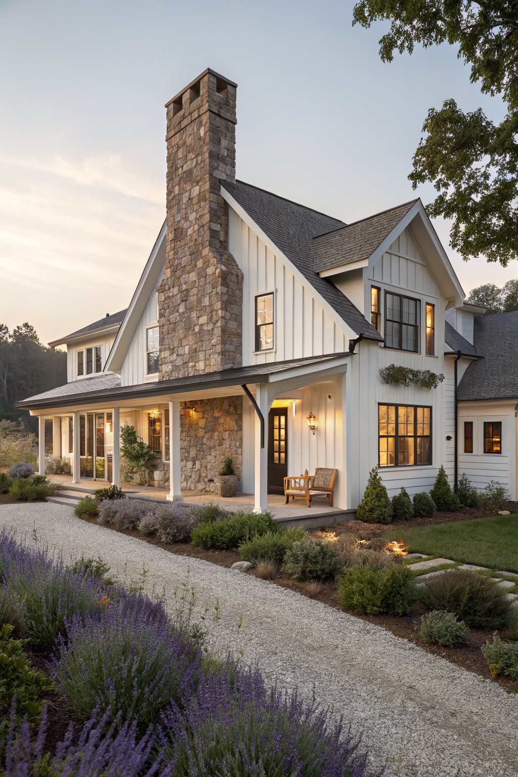 White modern farmhouse exterior with tall stacked stone chimney on gabled roof, wrap-around porch with wooden bench, gravel pathway lined with lavender plants, and landscape shrubs at dusk.