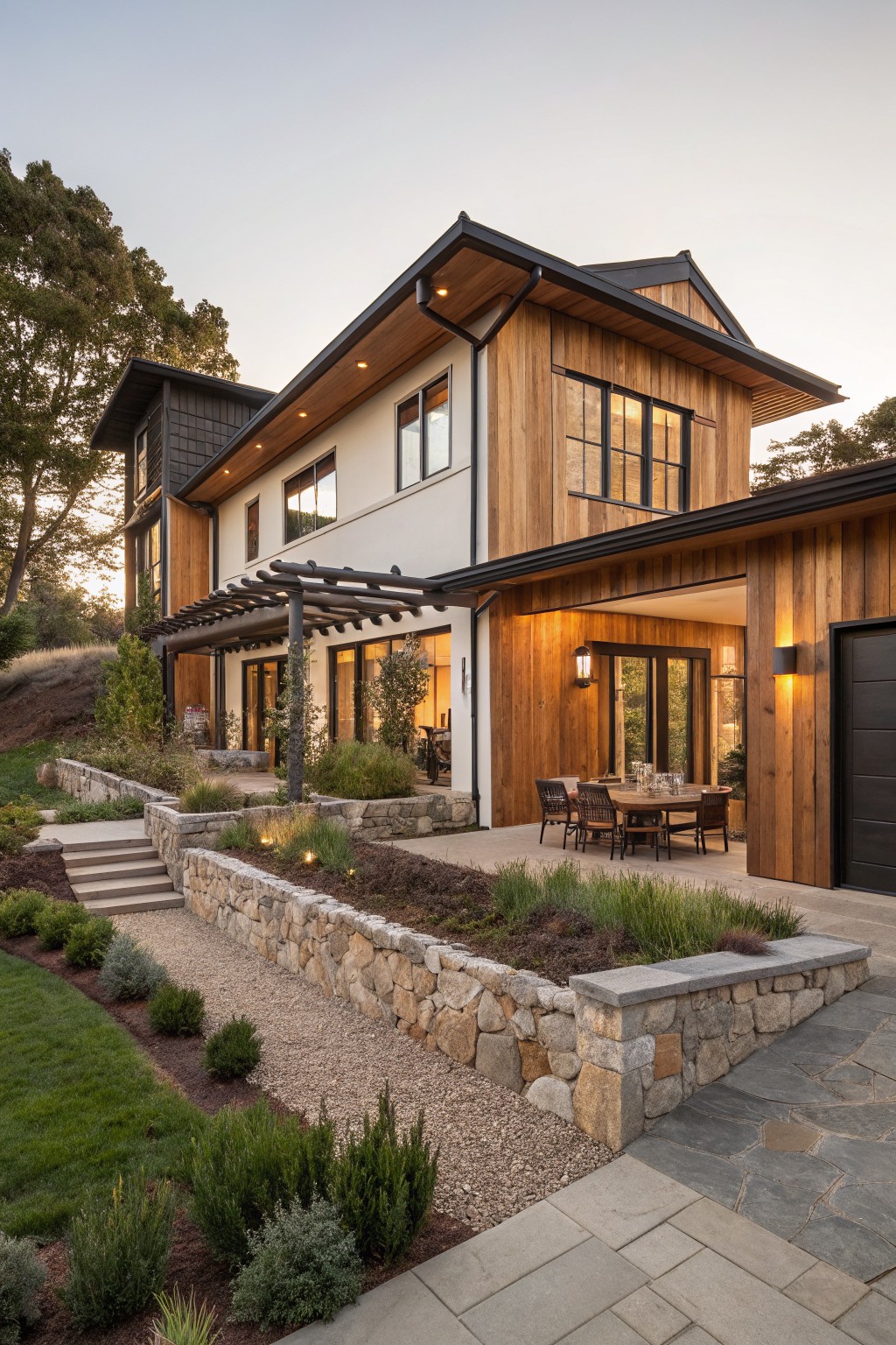 Two-story modern farmhouse exterior with vertical wood siding on upper sections, white stucco lower walls, black-trimmed windows and garage door, wood pergola over patio, stone retaining walls, gravel path, and low plantings on a hillside at dusk.