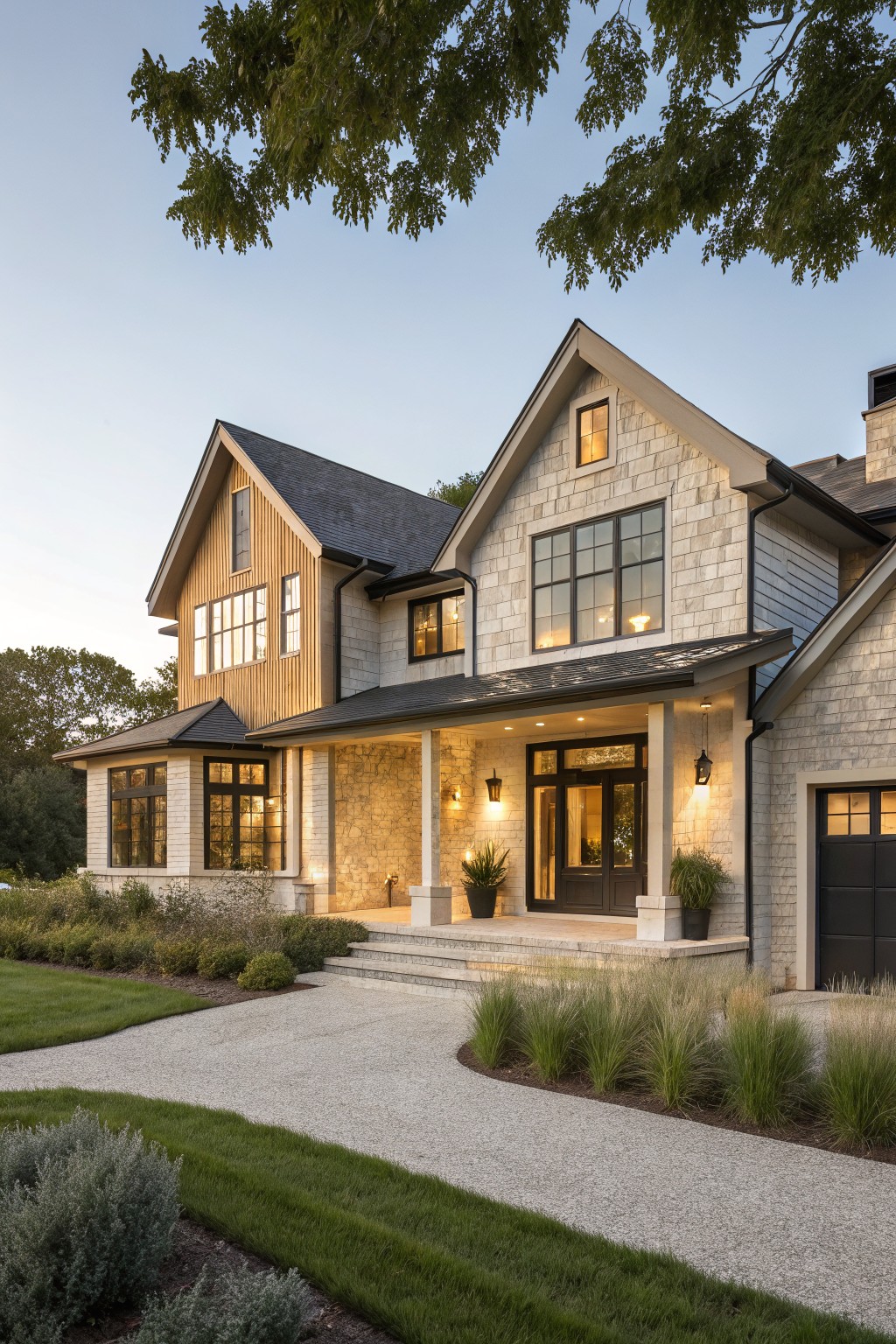 A modern two-story farmhouse exterior with light stone walls, vertical wood siding on gable ends and accents, black-framed windows, covered porch with dark wood door, shingled roof, and front yard landscaping including gravel path, grass, and ornamental grasses.