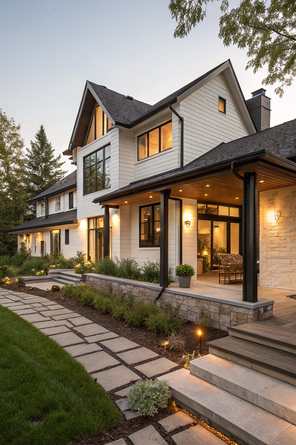 Two-story modern farmhouse exterior with white shiplap siding, black-framed windows, gabled dark shingle roof, covered porch featuring exposed wood ceiling and beams, stone retaining wall, paver pathway, steps, low plantings, and lawn at dusk.