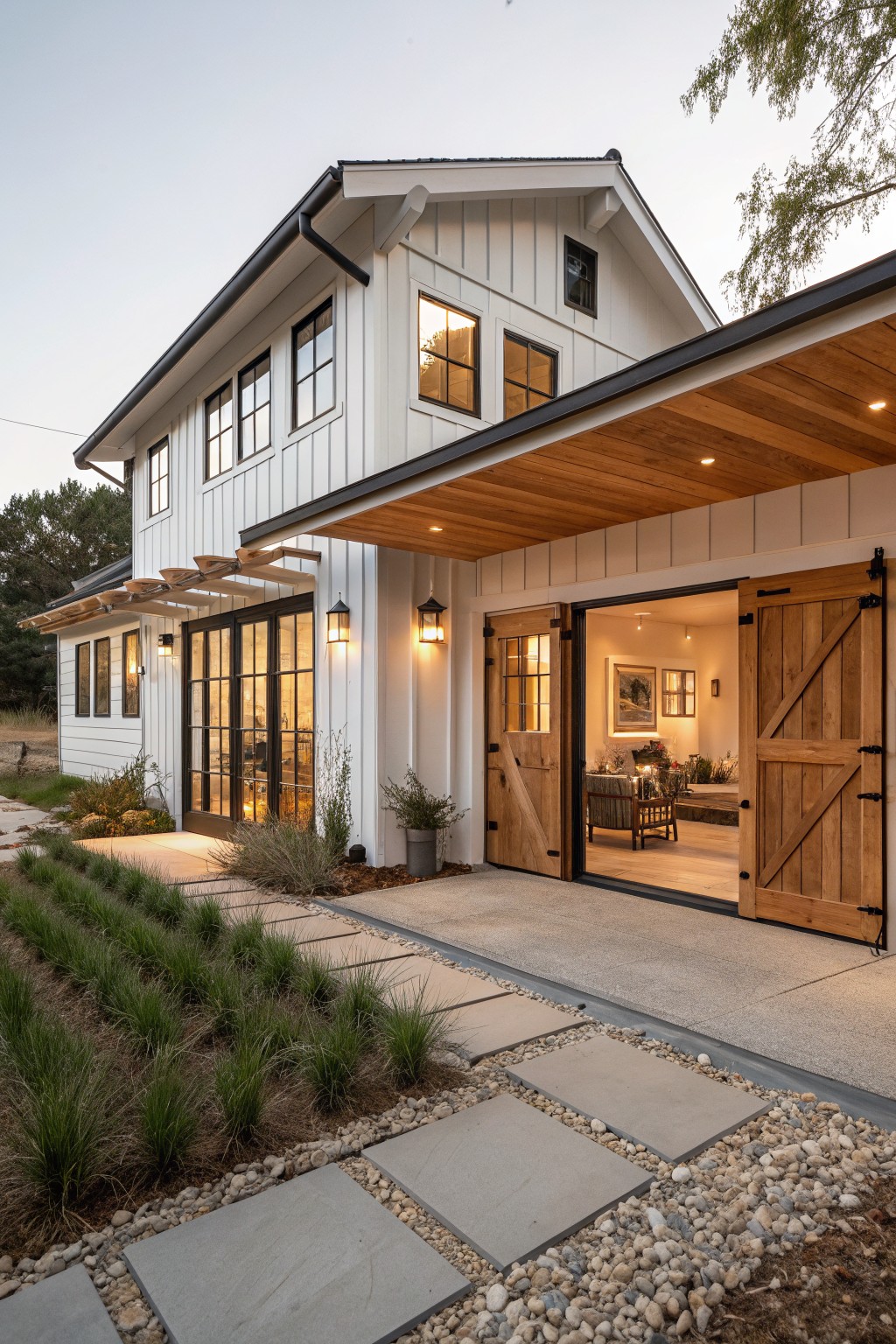 Two-story white board-and-batten farmhouse exterior with open wooden barn-style garage doors revealing interior seating area, wooden beam overhang, wall lanterns, and concrete pathway edged with grasses and pebbles.