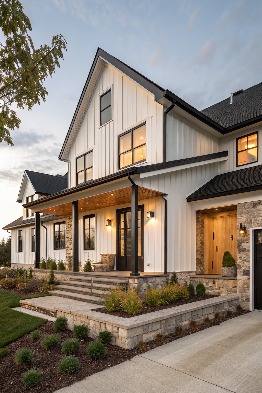 Two-story modern farmhouse exterior with white board-and-batten siding, black asphalt shingle roof, covered front porch supported by wood beams, stone entry surround with wooden double doors, black-framed windows, and landscaped yard with grasses and stone retaining walls at dusk.