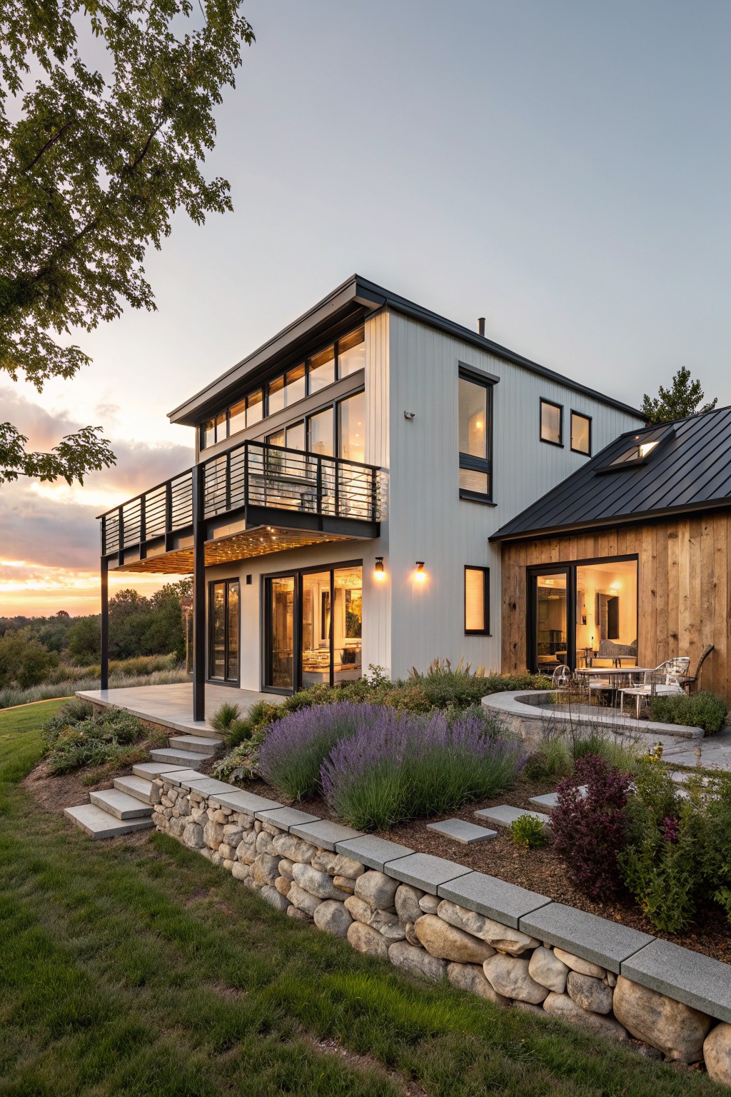 A two-story modern farmhouse with light gray vertical siding on the upper level and balcony, dark wood siding and doors on the attached lower garage, black metal roof and railings, stone retaining wall with lavender plants and steps to a patio, surrounded by grass and trees at sunset.