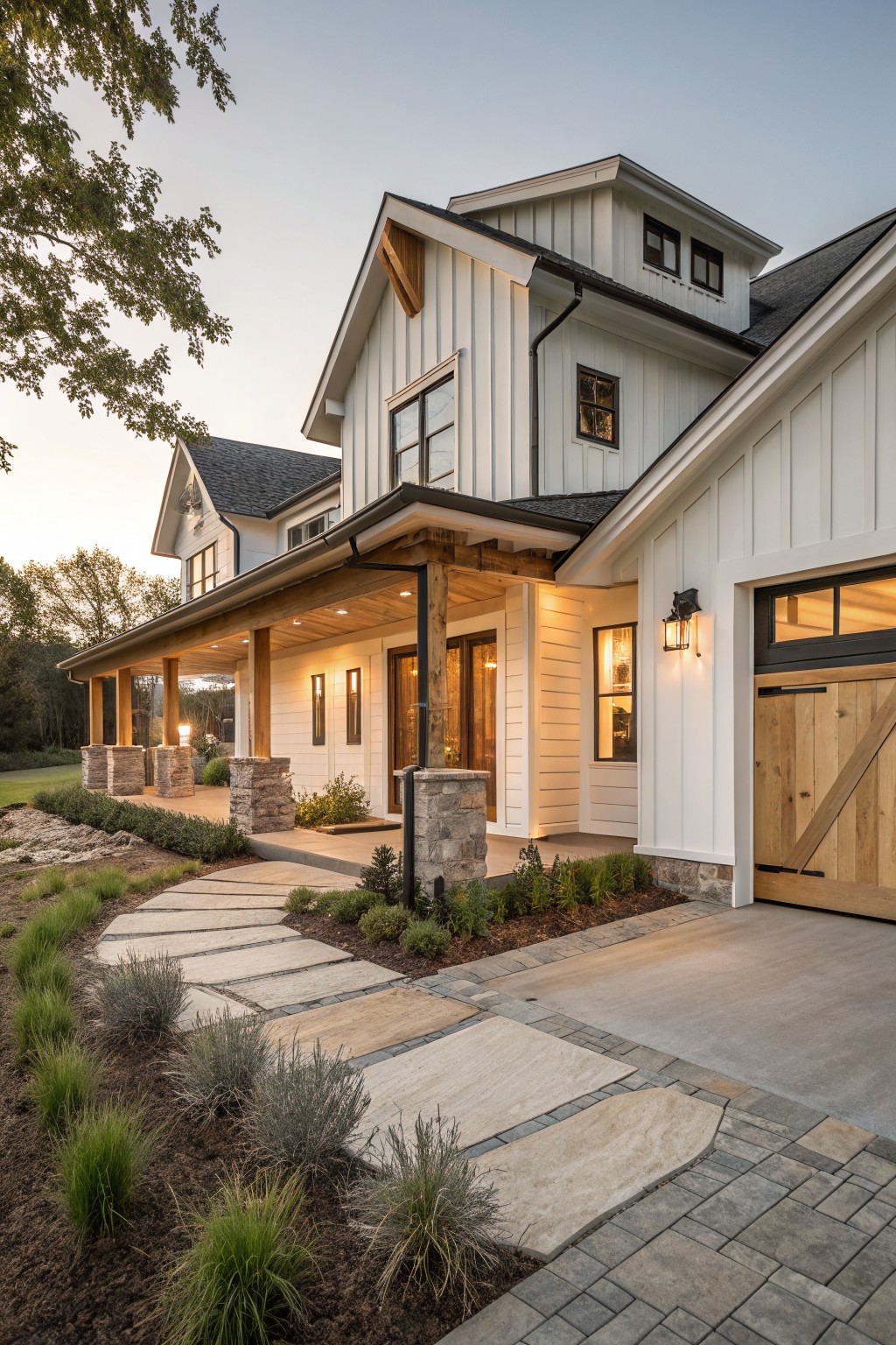 White board-and-batten sided modern farmhouse with gabled roof, wraparound porch supported by wooden beams and stone pillars, wooden garage door, and stone pathway edged with grasses and shrubs at dusk.