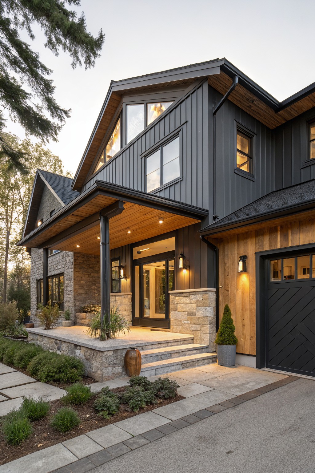 Two-story modern house exterior with dark gray vertical siding, wood ceiling and beams on covered porch, stone base and accents, lit garage door with wood panel, landscaping beds, pathway, and trees at dusk.