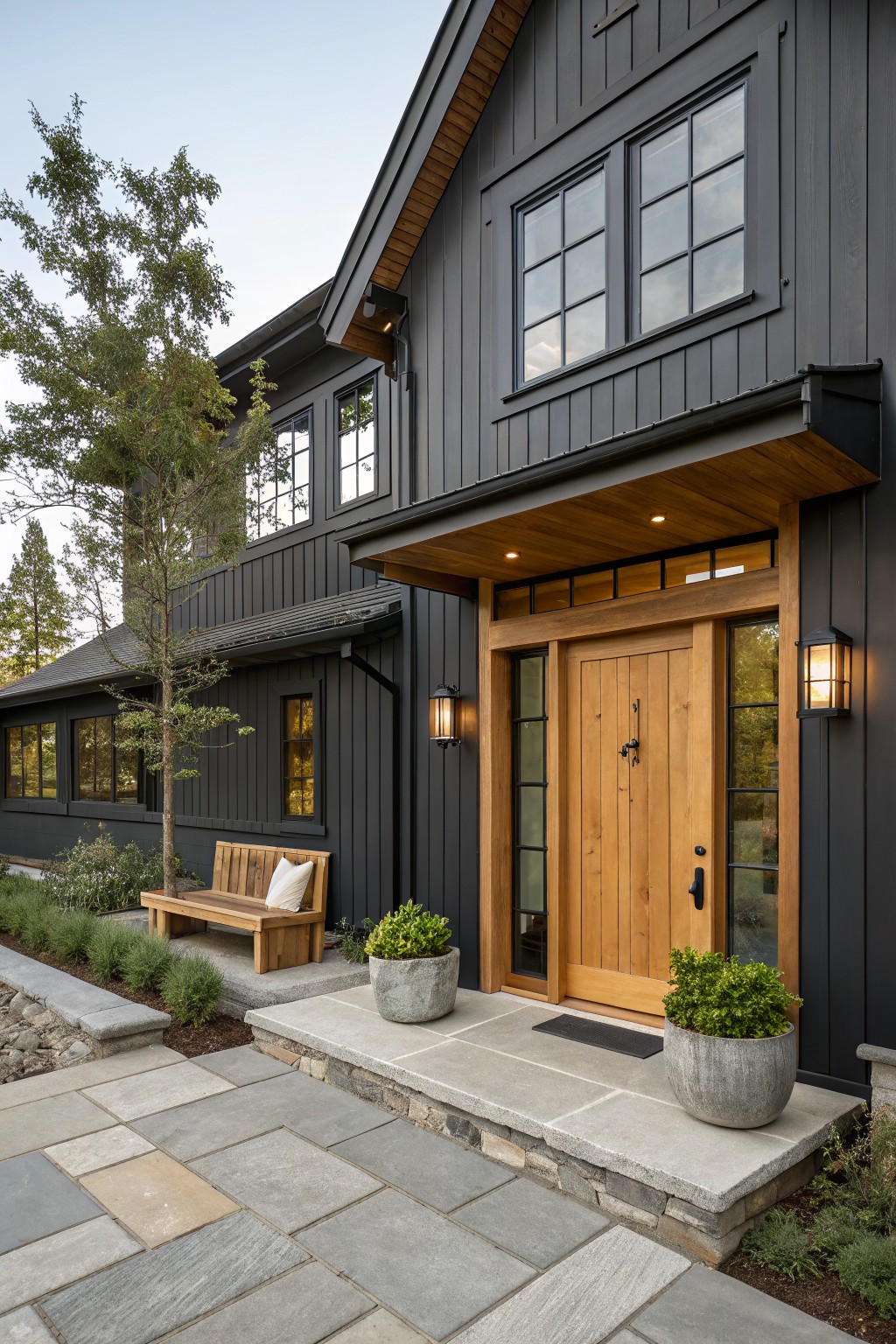 Black board-and-batten sided modern farmhouse exterior featuring a wooden entry door, porch overhang, sidelights, black lanterns, a bench, potted plants, and stone pathway leading to the entrance.