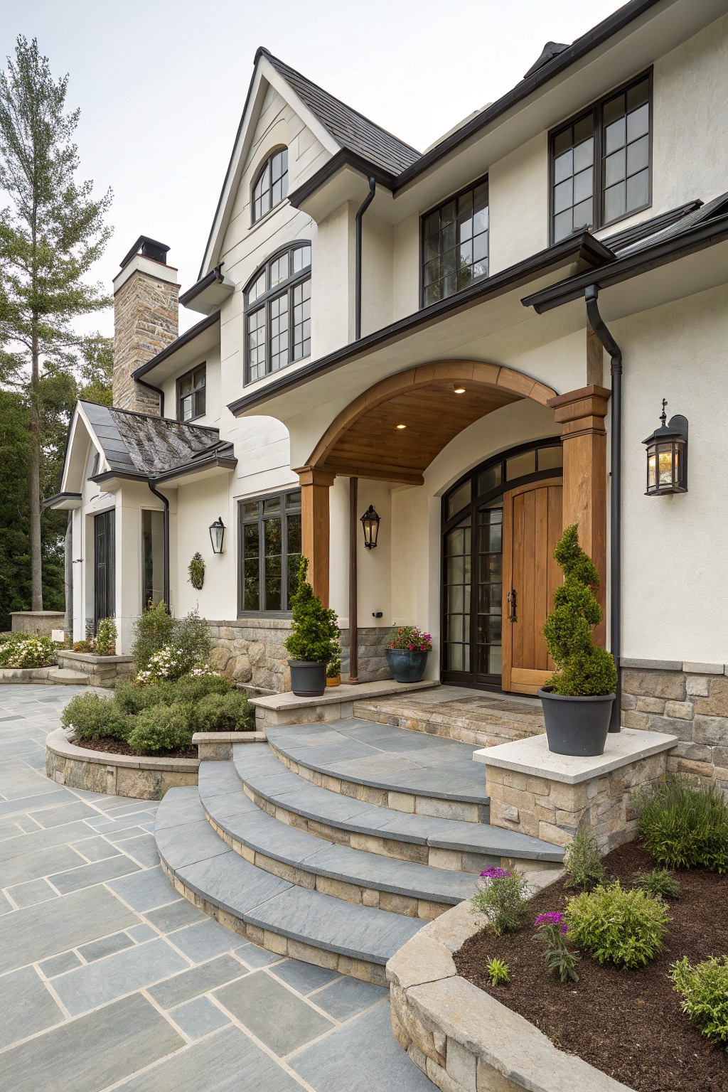 Modern farmhouse house exterior with white siding, black window frames, stone foundation, arched wooden porch over glass-paneled double oak doors, curved bluestone steps from paved walkway, potted topiary shrubs flanking entry, and low landscaping beds with stone retaining walls.