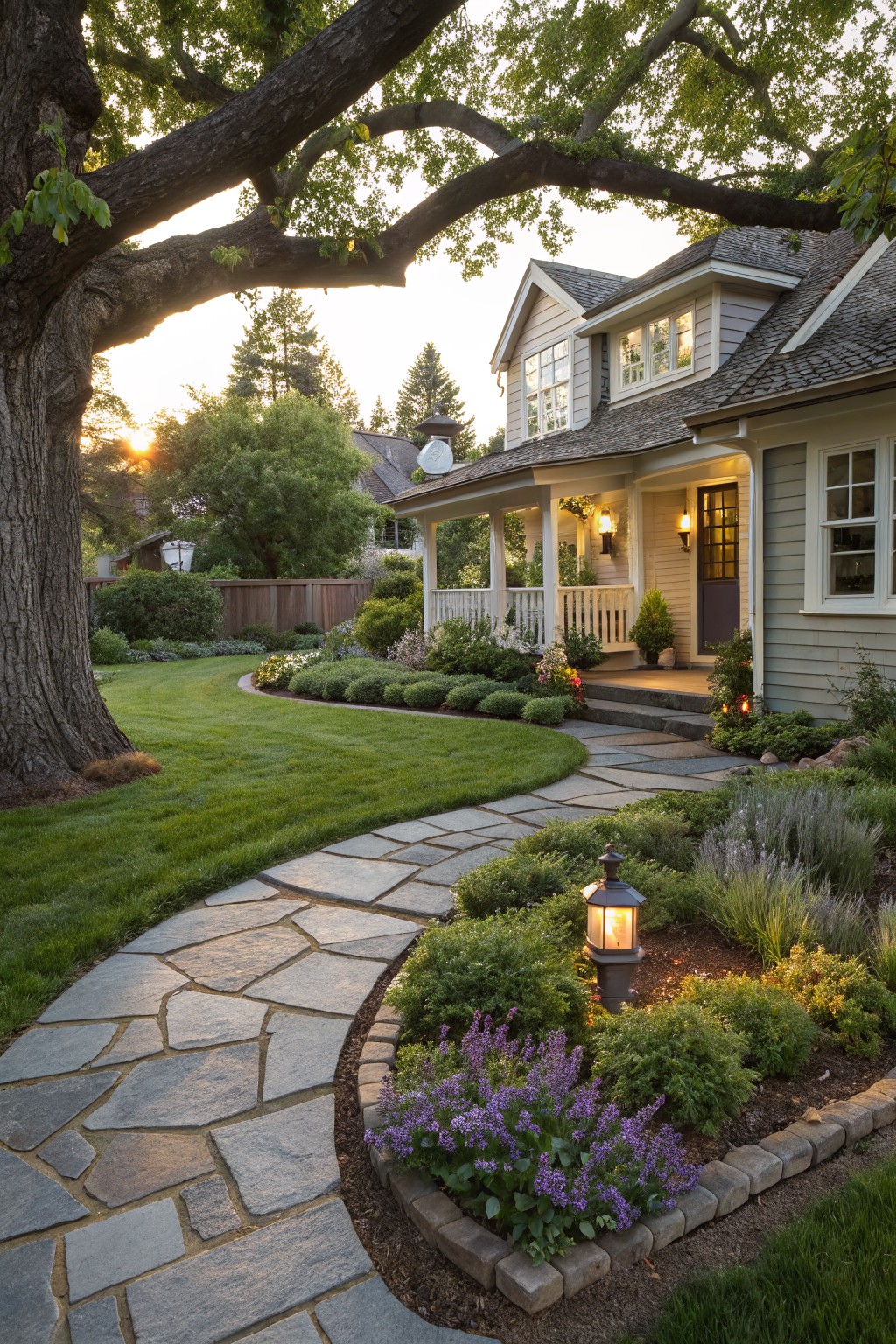 Gray flagstone pathway curving through green lawn toward a sage green farmhouse with covered porch, bordered by shrubs, lavender flowers, and a lantern light, large oak tree and other plantings visible at dusk.