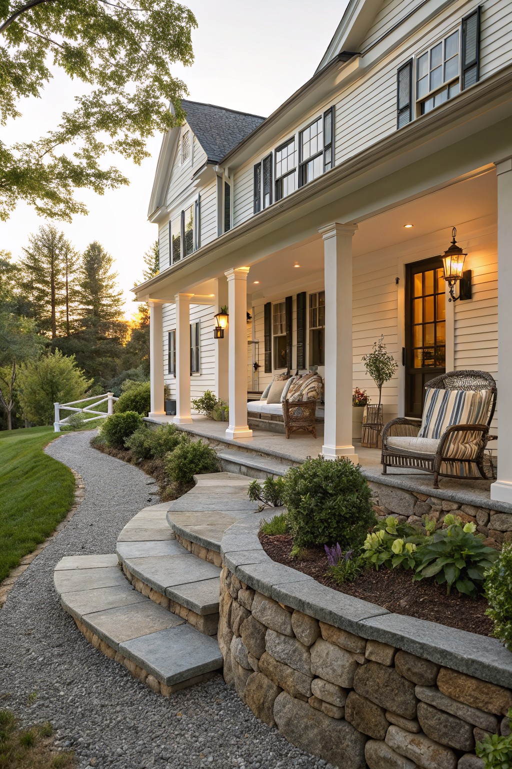 White clapboard farmhouse with columned front porch, curved bluestone steps rising from gravel path beside stone retaining wall with shrubs and perennials, porch furniture visible, trees and lawn in background.