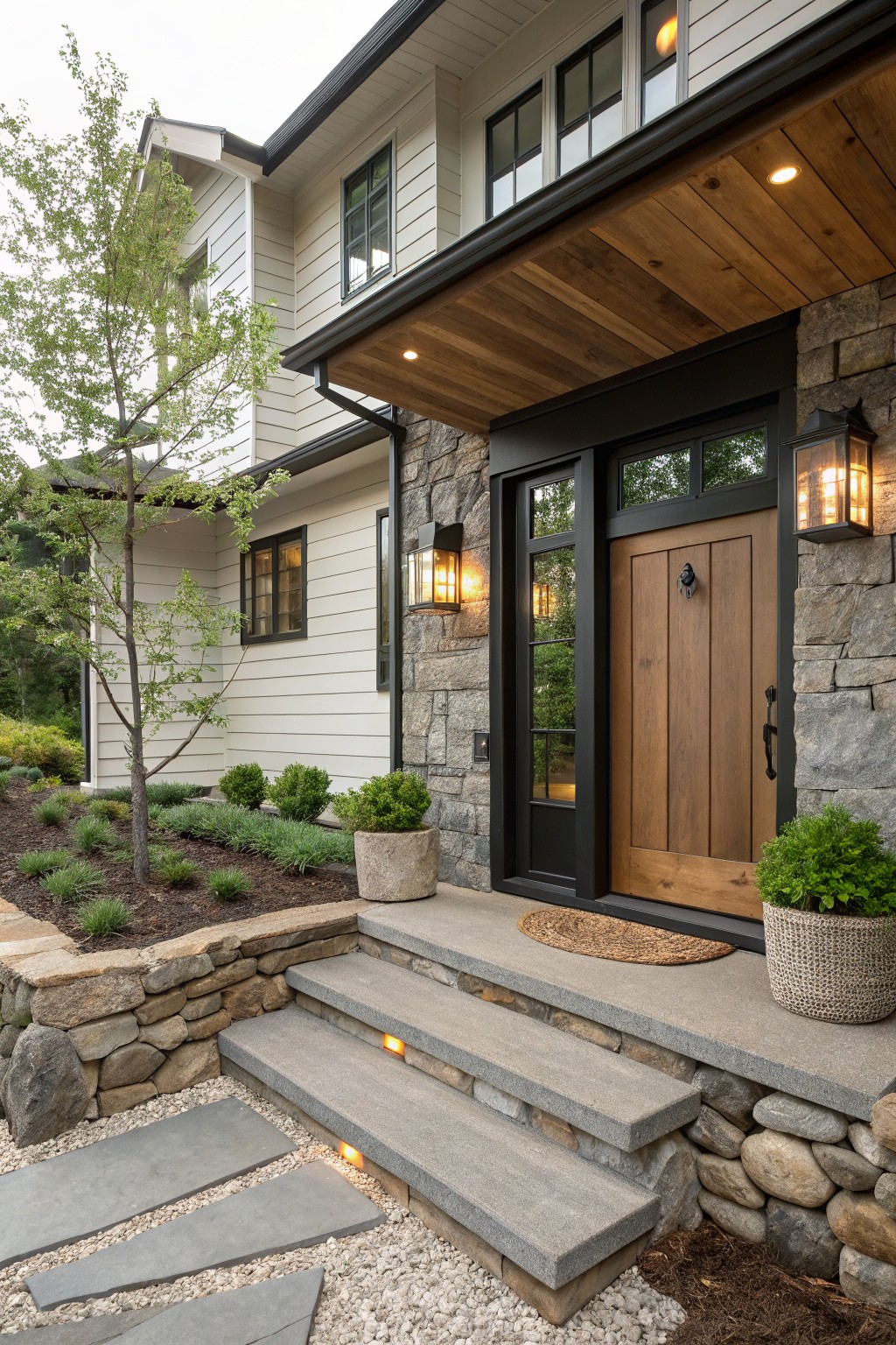 Front exterior of a modern farmhouse house with white shiplap siding, stone base and pillars, black-framed windows and door, exposed wood ceiling under covered entry porch, wooden front door, concrete steps with lighting, lanterns, potted plants, and low landscaping.