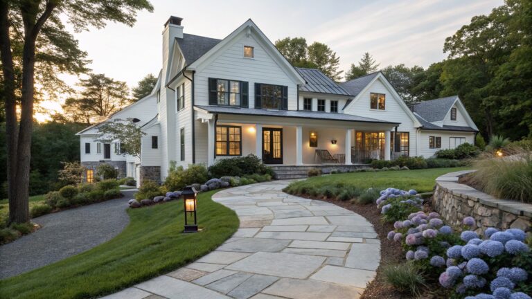 23 Modern Farmhouse Front Yard Designs That Boost Curb Appeal White shiplap farmhouse with wraparound porch and stone foundation, viewed from the yard with a curved flagstone path lined by purple hydrangea bushes and other perennials leading to porch steps, green lawn and trees in background at sunset.