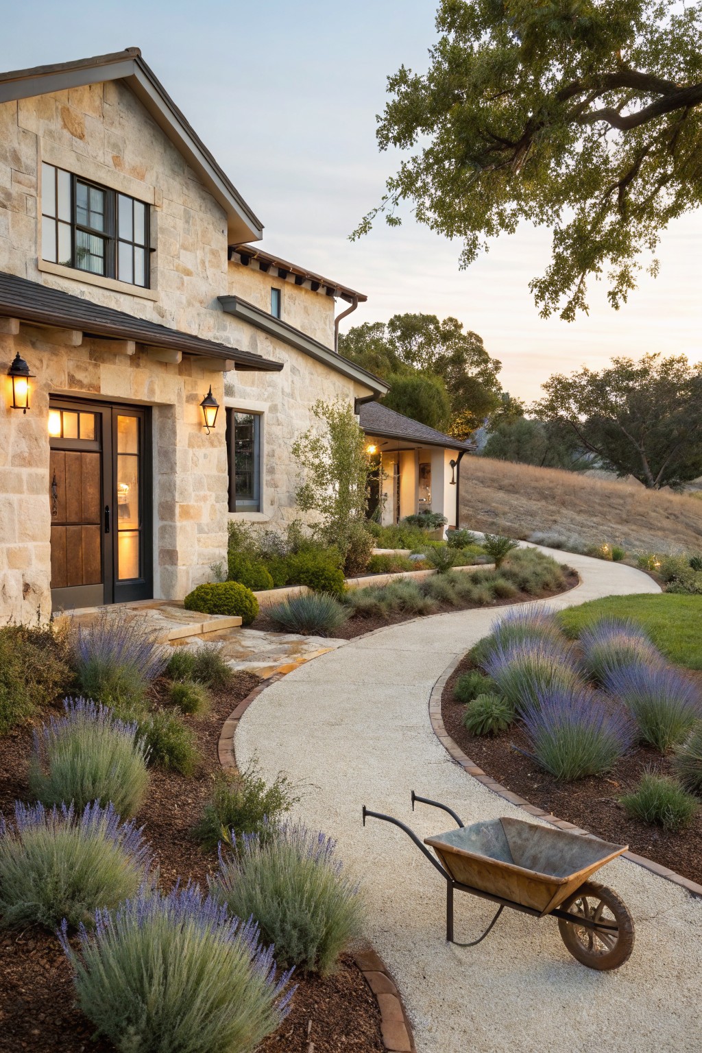 Stone and stucco house exterior with wooden front door, flanked by a curved gravel pathway edged in lavender plants and grasses, and a wheelbarrow on the path.
