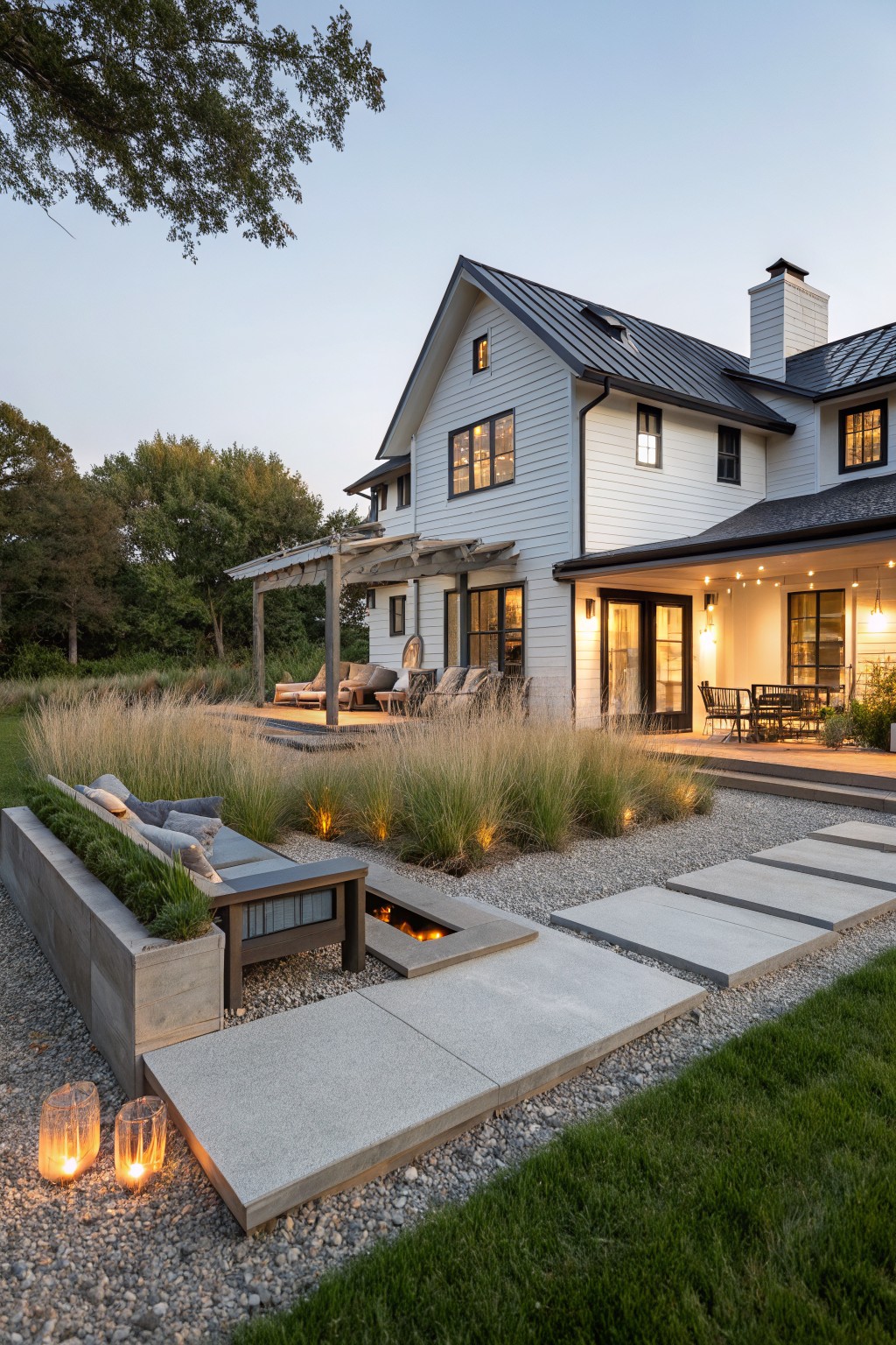 White modern farmhouse exterior with black metal roof and wooden deck porch, outdoor furniture, raised concrete bench containing linear fire pit, gravel paths, tall ornamental grasses, planters, and lanterns in yard at dusk.