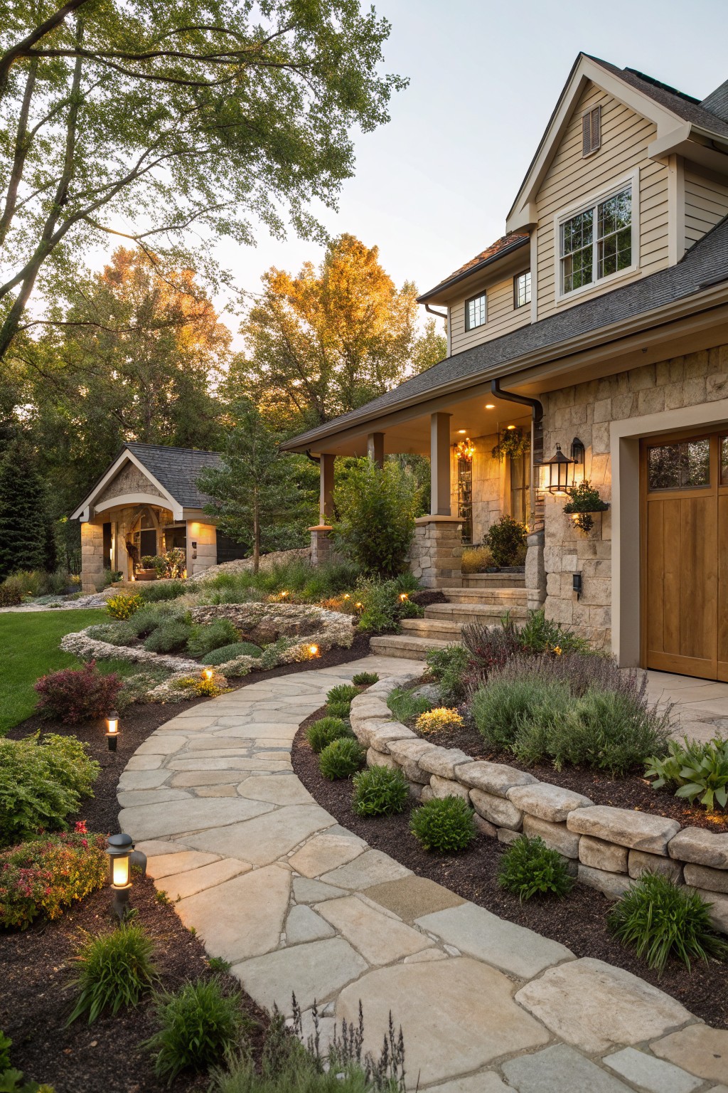 Curved flagstone pathway winding through raised stone beds with shrubs, grasses, and perennials toward a beige-sided house with stone base, wooden garage door, porch lights, and surrounding trees at dusk.
